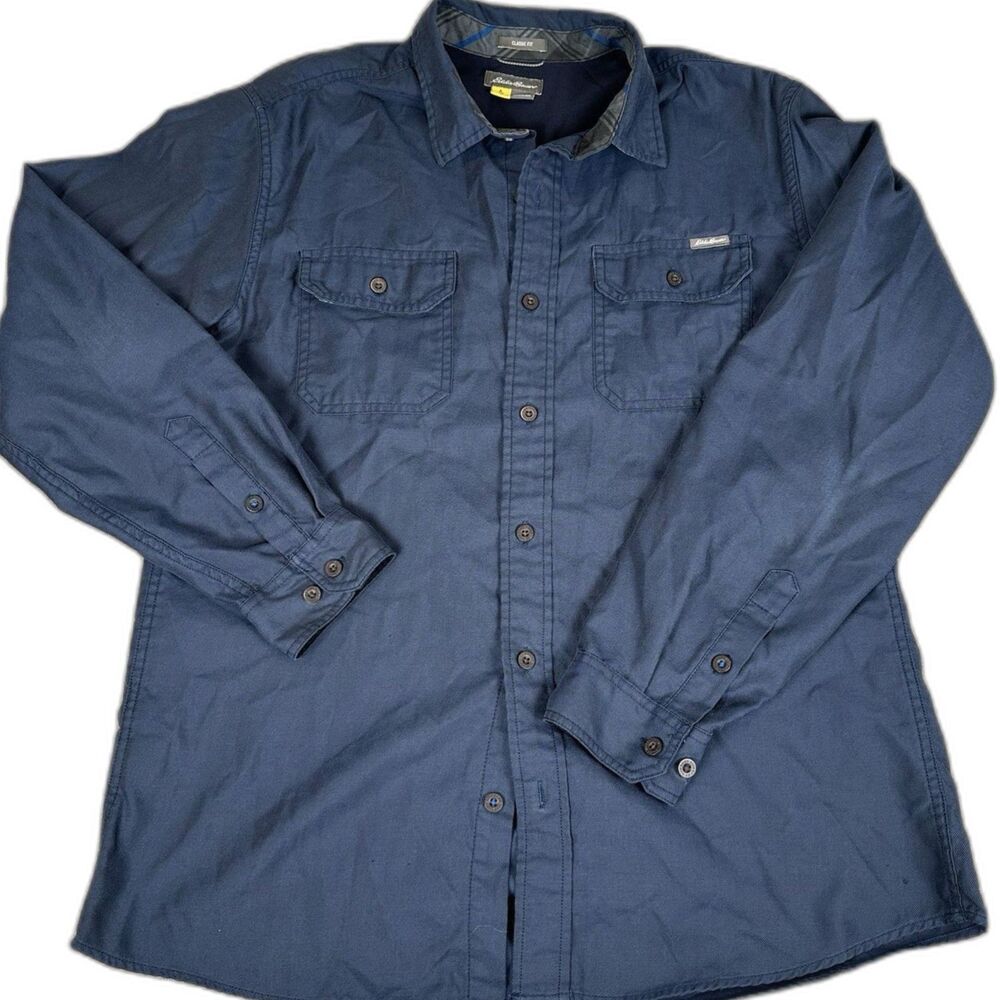 Eddie Bauer Travex Long Sleeve Mens Button Up Shirt Large L Navy Blue Travel